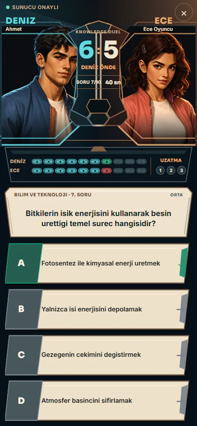 Canlı PvP doğru cevap ekranı; doğrulama simgesi ve history izi