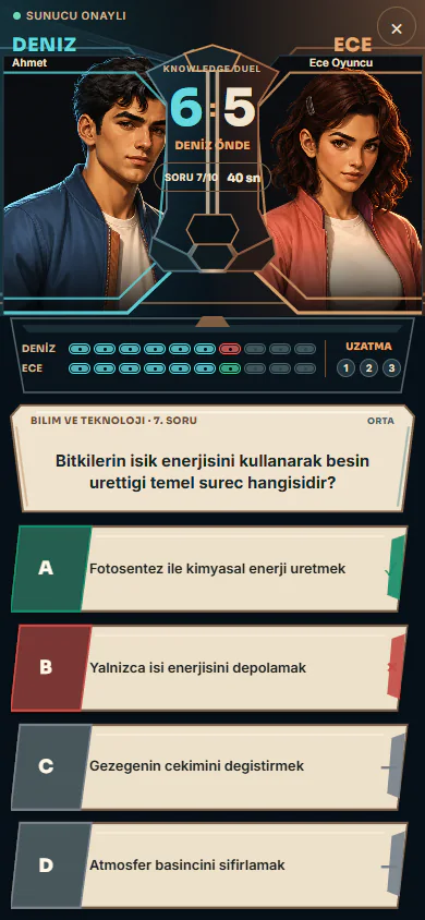 Canlı PvP yanlış cevap ekranı; hata etiketi ve durum çizgisi